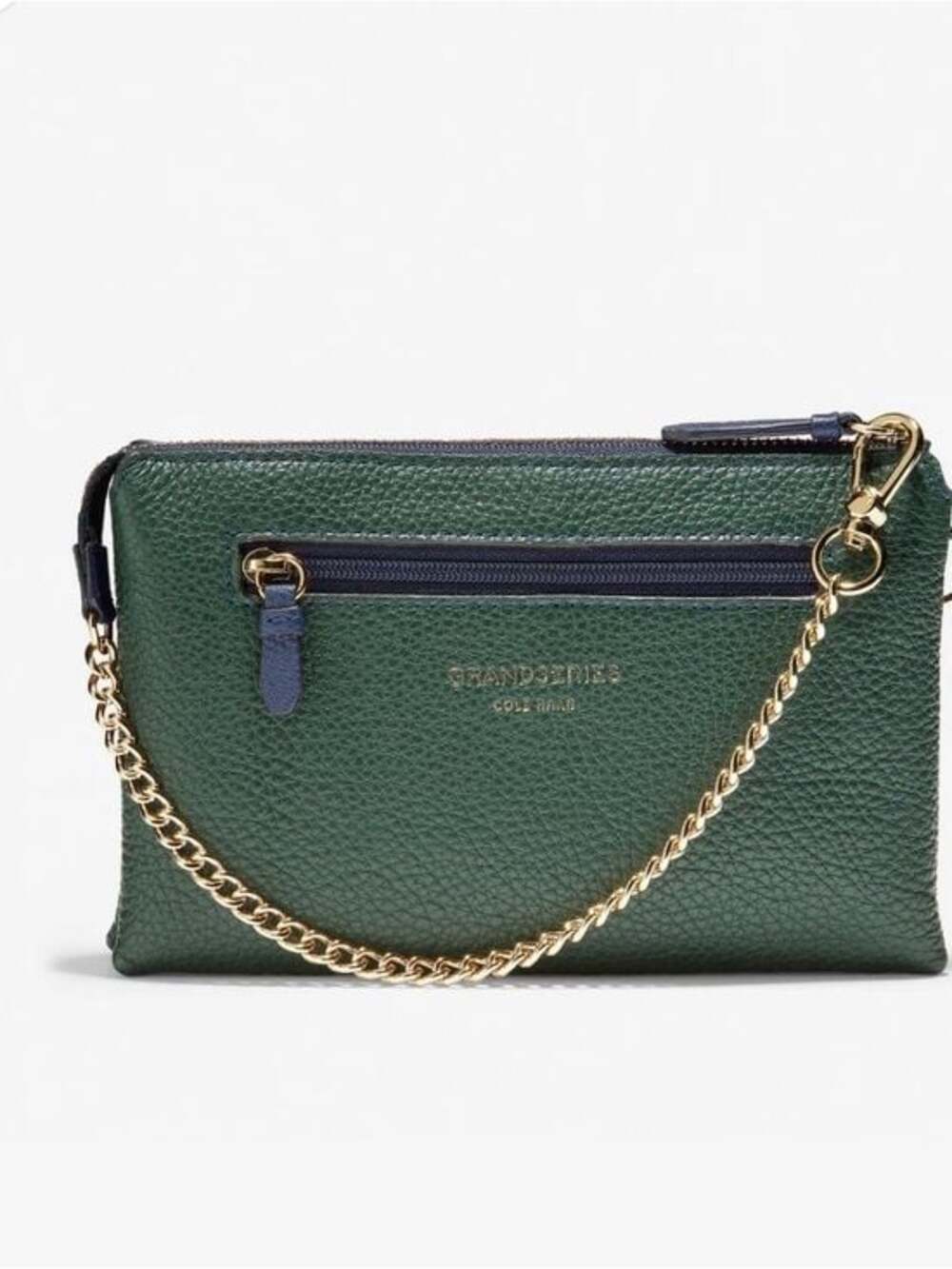 Cole Haan Green Pebbled Leather Clutch with Gold Chain